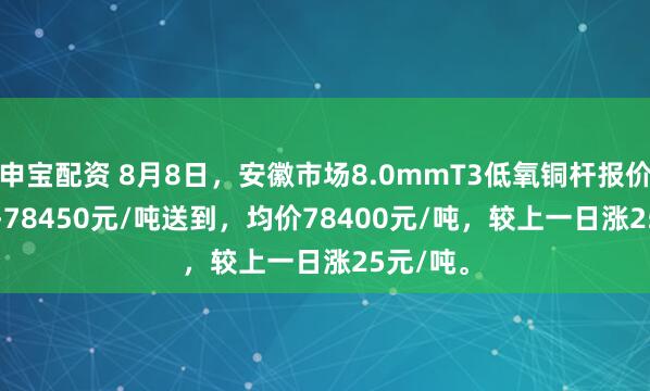申宝配资 8月8日，安徽市场8.0mmT3低氧铜杆报价78350-78450元/吨送到，均价78400元/吨，较上一日涨25元/吨。